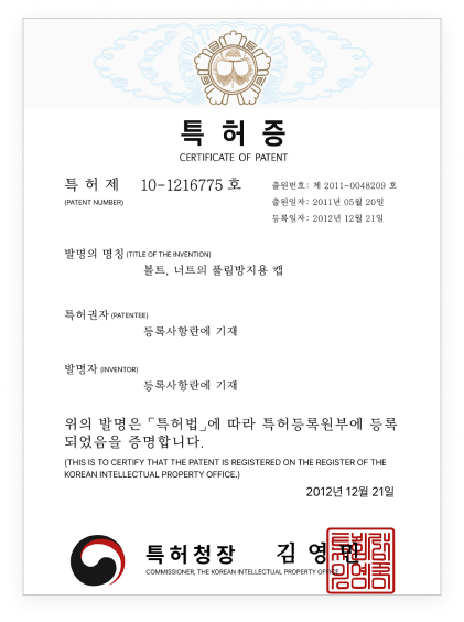 Patent certificate for Cap for Detecting Loosening of Bolts and Nuts